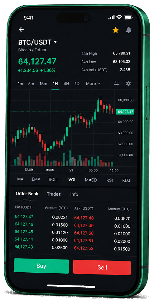Plataforma Fortunix Finyron para trading móvel — gráfico ao vivo BTC/USDT, livro de ordens e painel de compra e venda